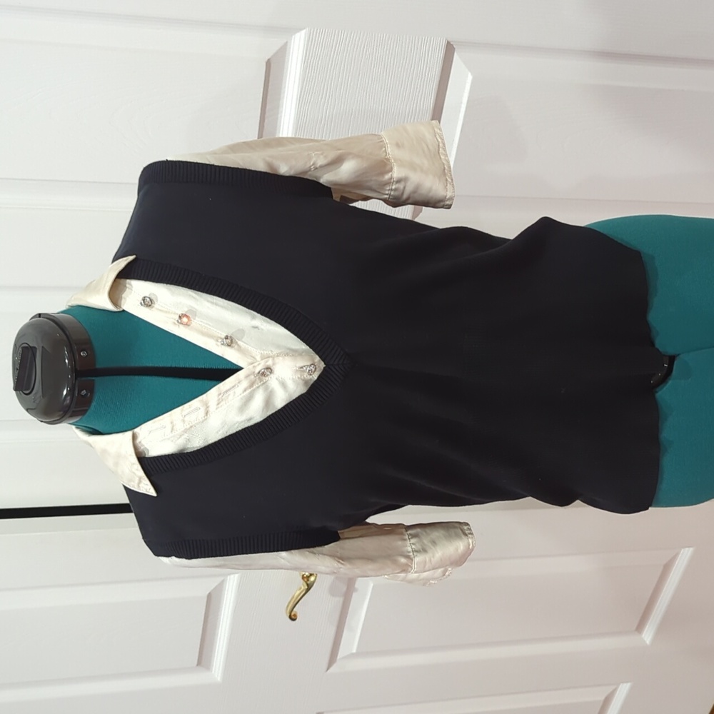 Adorable petite M sweater with attached silky 3/4 shirt with rhinestone buttons